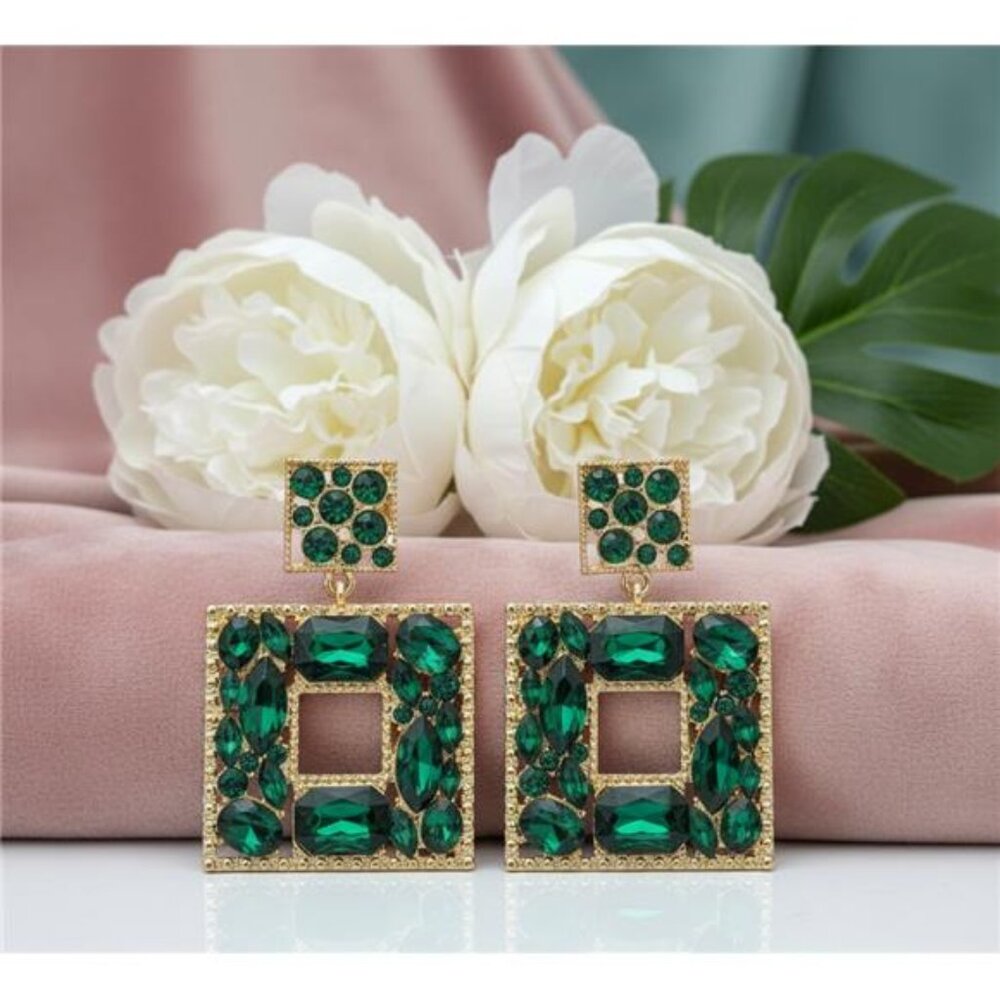 Emerald Green Color Crystal Pave Square Dangle Earrings Pierced 2.5 Inch